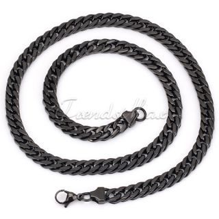 10mm Cuban Mens Black Curb 316L Stainless Steel Necklace Chain