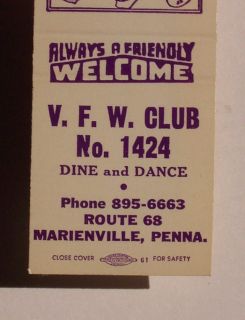 1960s Matchbook VFW Club No 1424 Marienville PA Forest