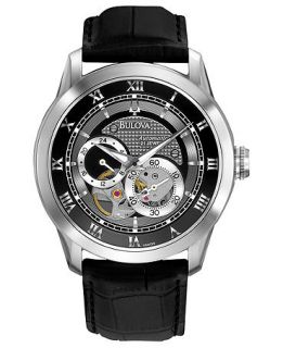 Bulova Watch, Mens Automatic Mechanical Black Leather Strap 42mm