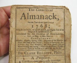 Antique 1768 Almanack Clark Elliott Connecticut RARE Americana
