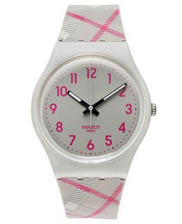 Swatch Watch, Unisex Swiss Scottish Tartan Gray and Pink Tartan Print