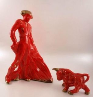 Vintage Red Ceramic Matador Bull Figurine Set