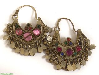 Kuchi Gypsy Crescent Earrings Glass Inlays Afghanistan