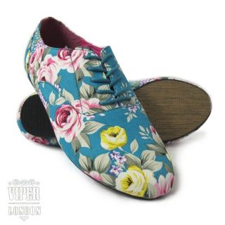Blue Flower Floral Lace Up Flat Shoes UK3 UK8