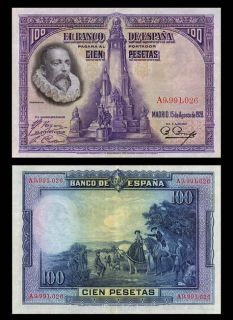 100 Pesetas Banknote Spain 1928 Cervantes Portrait Don Quixote Pick 76