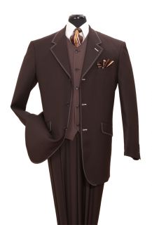 Mens 3 Piece 3 Button Milano Moda Elegance Wool Feel Suit Brown 2909