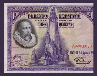 100 Pesetas Banknote Spain 1928 Cervantes Portrait Don Quixote Pick 76