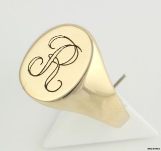 Initial R Mens Signet Style Ring Band   10k Yellow Gold Solid Back