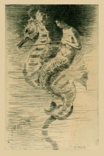 Mermaid Riding Seahorse by Frederick Stuart Church Large Repro. FREE