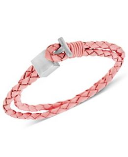 Mens Stainless Steel Bracelet, 2 Strand Pink Leather Wrap Bracelet