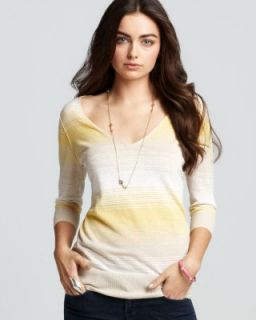 Michael Stars New Yellow Linen Striped Ribbed Trim V Neck Pullover
