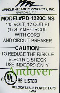 Middle Atlantic PD 1220C NS 12 Plug 20 Amp Power Strip