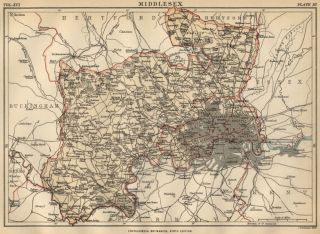 Middlesex County England: Detailed 1889 Map showing Towns; Cities