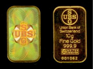 Union Bank of Switzerland UBS 10 Gram 999 9 Gold Bar
