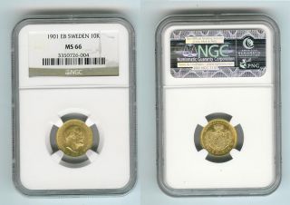 1901 Gold Sweden 10 Kronor NGC MS66