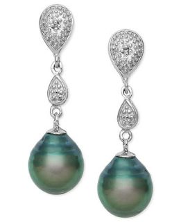 Sterling Silver Earrings, Cultured Tahitian Black Pearl and Diamond