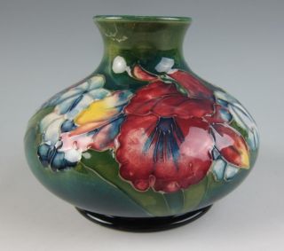 Vintage Moorcroft Pottery Vase Floral Orchid Green Superb Colors Iris