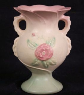 L298 1940s Hull Pottery Double Handled Open Rose Camelia Vase Applied