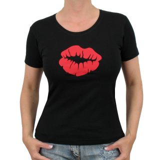 Rote Lippen Kussmund Fun Girlie Shirt, schwarz