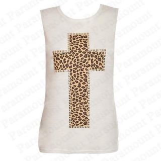 Damen Top Oberteil Ärmellos Shirt Besetztes Kreuz Leopard Muster