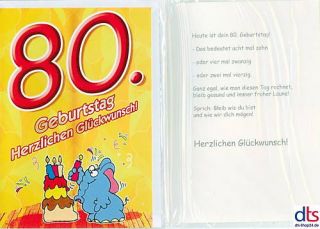 Geburtstagskarte m. Kuvert 80. Geburtstag Torte Elefant