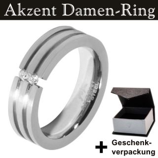 Akzent Edelstahl Damen Ring, 2 Zirkonia + Geschenkbox
