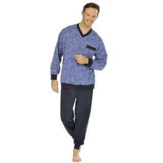 Comte Herren Schlafanzug Blau Baumwoll Pyjama Schlafanzüge Männer