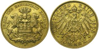 B177 J.211 Hamburg 10 Mark 1903 Gold