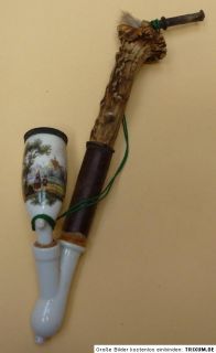 Alte Pfeife Holz Horn Porzellan mit Porzellanmalerei Länge ca. 27 cm