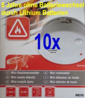 10 x Rauchmelder rm205 Lithium Batterie EN 14604 Feuermelder