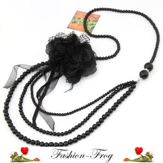 Halskette Kette Perlenkette schwarz Stoff Blume Strass