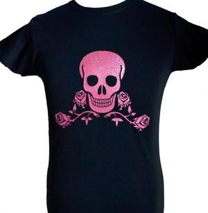 SKULL & ROSES TATTOO   NEW! BLACK ADULT T SHIRT with PINK GLITTER SIZE