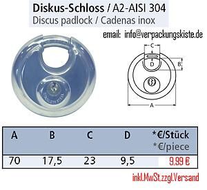 Diskus Schloss A2 AISI 304 D 70 mm 2 Schlüssel Vorhängeschloss rund