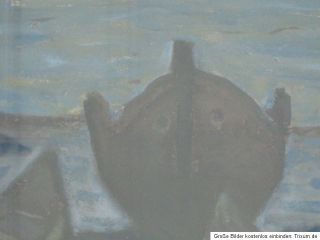 Drei Ruderboote am Strand Moderne Malerei Öl auf Papier, Monogramm