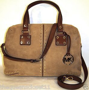 MICHAEL KORS Astor Large Suede Leather Satchel bag purse $368 Walnut
