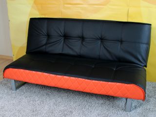 Schlafsofa Schlafcouch Couch M49, Kunstleder, schwarz/orange, weiß