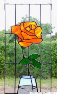 Bleiverglasung Fensterbild Rose in Vase mit Echt Antikglas in Tiffany