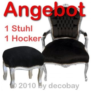 SET Hocker & Stuhl Barock Möbel Sessel schwarz silber
