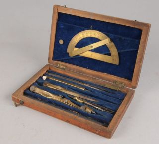 Vintage Antique Brass 7pc Drafting Tool Compass Protractor Set in
