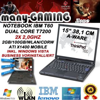 Notebook IBM LENOVO ThinkPad T60 15/INTEL 2x 2,0GHz/2GB/100GB/W LAN