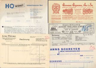 AUE (SACHSEN), 5 Belege 1928/65, HO Wismut, Heymann, Schreyer, Wellner