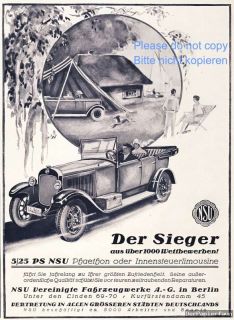 NSU Phaeton 5/25 PS Reklame von 1927 Zelt Strand Segelschiff Urlaub