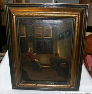 Gemälde Ölgemälde alt antik Lesende Frau  rücks. signiert 18