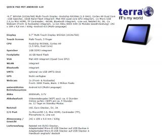 TERRA Mobile Pad 1001 mit Android 4.0   Cortex A9 Dual Core 1,50 GHz