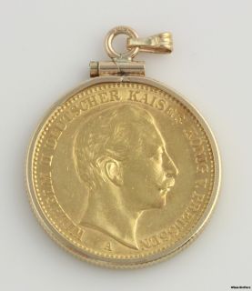 1894 Germany Wilhelm II 20 Mark Coin Pendant .900 Gold Coin 14k Frame