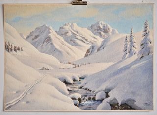 Carl Kessler (*1876) Hochtal bei Davos im Winter.   Großes Aquarell