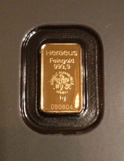 Goldbarren 1 gramm, Heraeus, Feingold 999,9, neu, Gold
