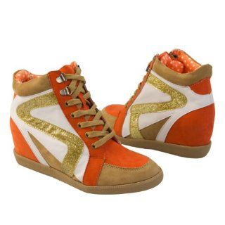Top Hidden Wedge Heel Sneakers Shoes, Orange White Beige Faux Suede