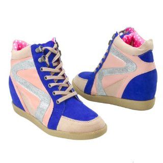 High Top Hidden Wedge Heel Sneakers Shoes, Cobalt Blue Pink Faux Suede