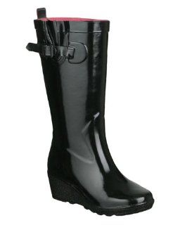York Shiny Solid With Buckle And Gusset Ladies Wedge Rainboot: Shoes